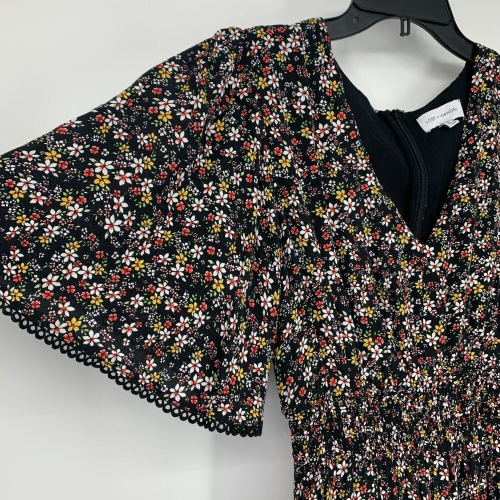 Lost + Wander Dress Maxi Black Floral Print V Neck Short Sleeve Boho - Picture 5 of 13
